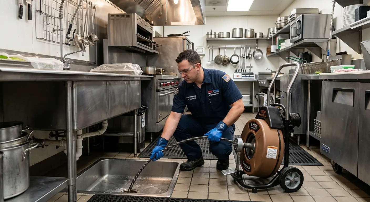 Commercial drain cleaning service in a restaurant kitchen in Harrison