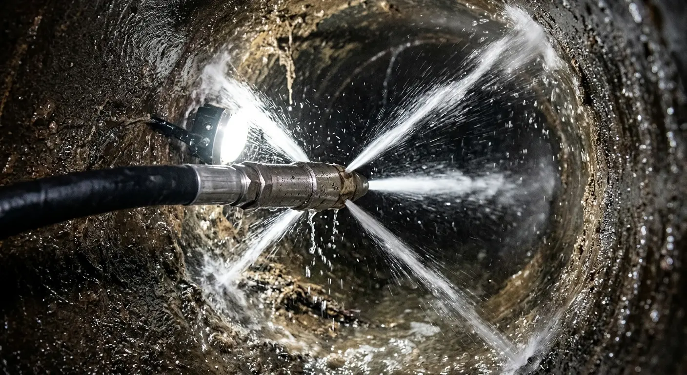 High-pressure hydro jetting nozzle cleaning sewer pipe for Emergency Drain Service in Harrison